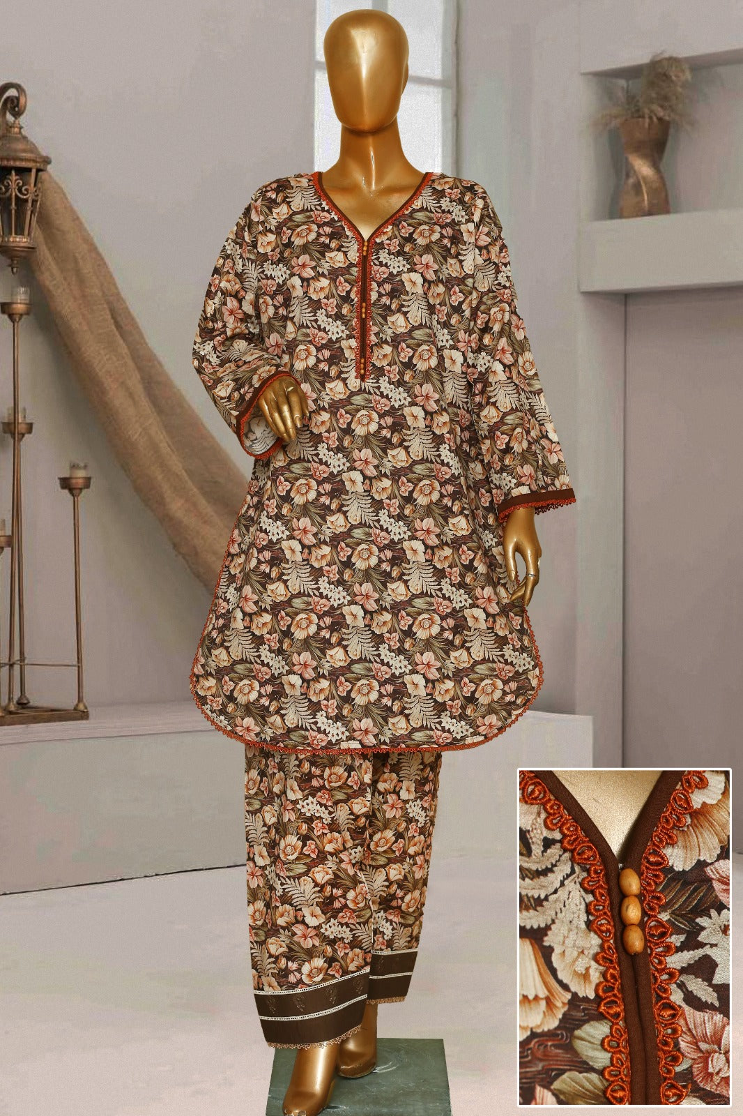Seema Jee Brown Floral Printed 2 Piece Lawn Suit – Medium Size | Women's Casual Wear