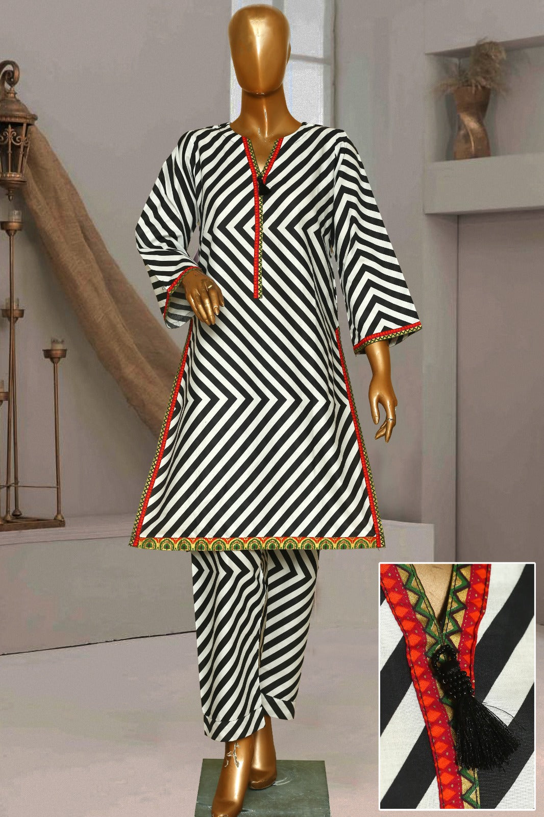 Seema Jee Black & White Striped 2 Piece Lawn Suit – Medium Size | Women's Casual Wear