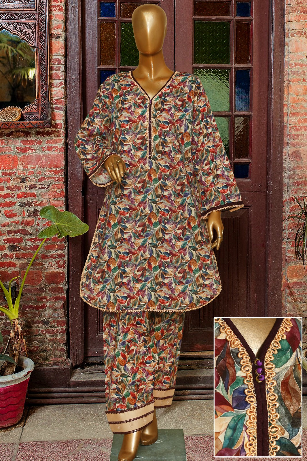Seema Jee Multicolor Leaf Printed 2 Piece Lawn Suit – Medium Size | Women's Casual Wear