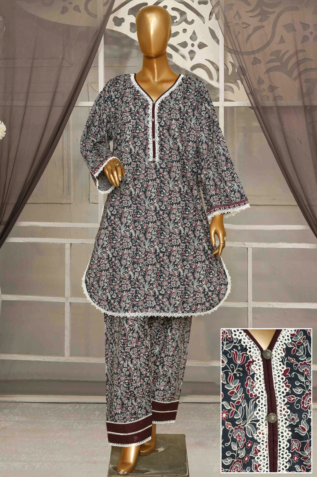 Seema Jee Grey Floral Printed 2 Piece Lawn Suit – Medium Size | Women's Casual Wear