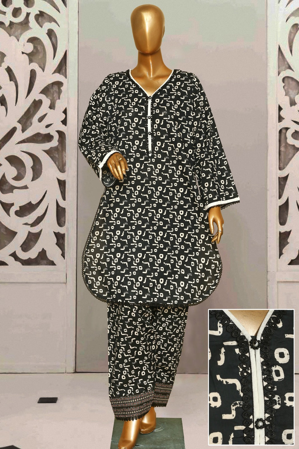 Seema Jee Black Abstract Printed 2 Piece Lawn Suit – Medium Size | Women's Casual Wear