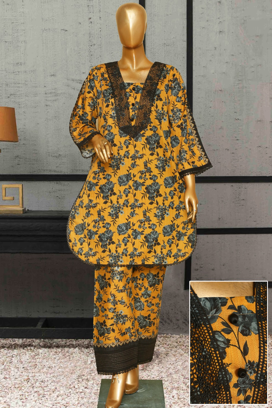 Seema Jee Mustard Floral Printed 2 Piece Lawn Suit – Medium Size | Women's Casual Wear