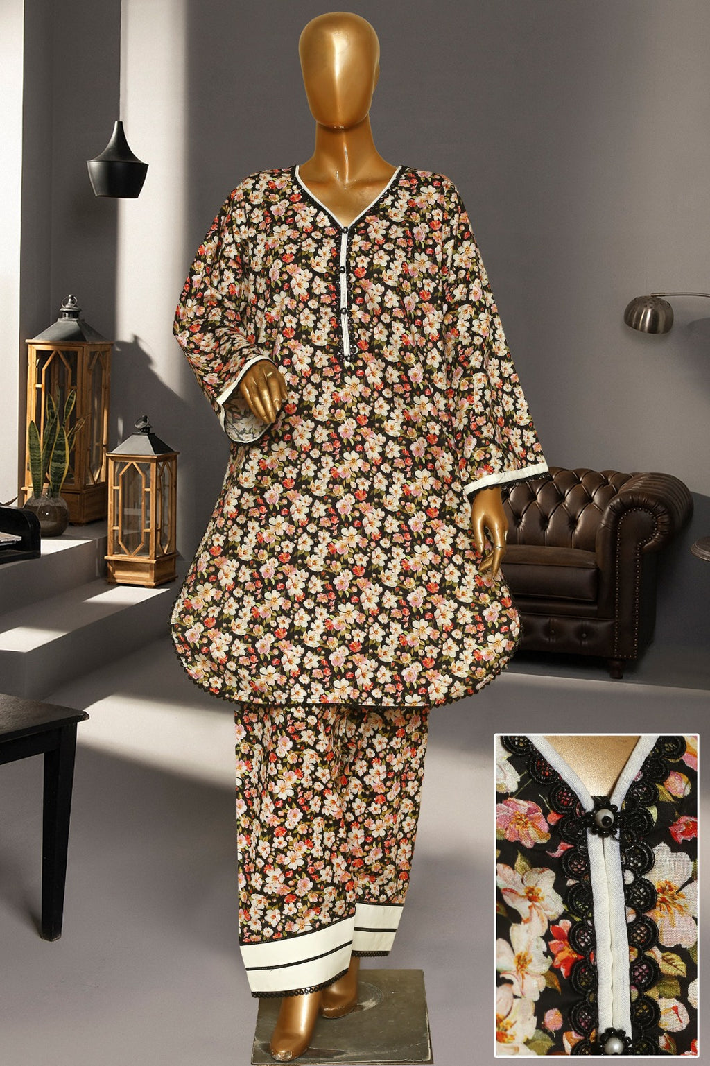 Seema Jee Black Floral Printed 2 Piece Lawn Suit – Medium Size | Women's Casual Wear