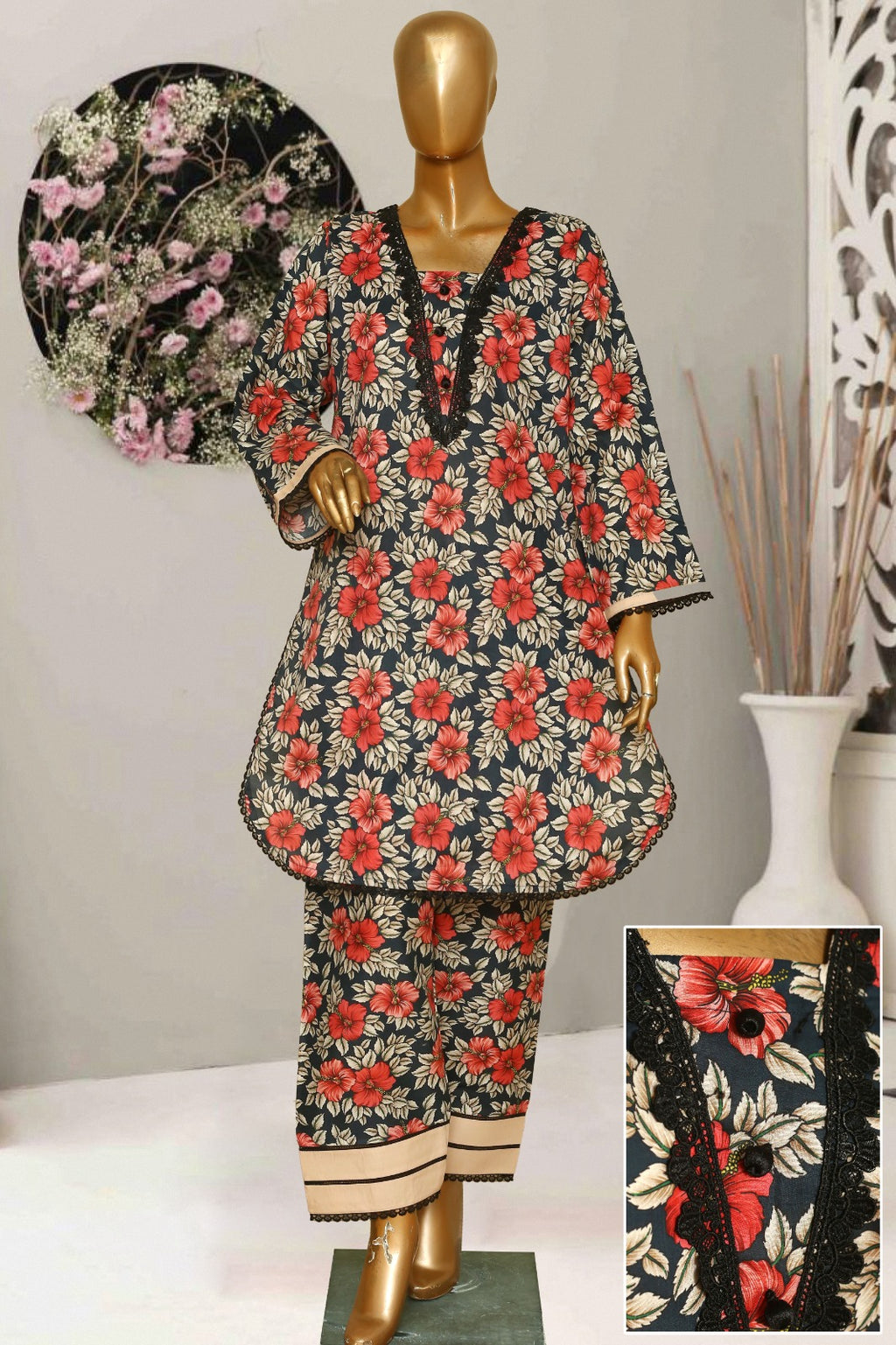Seema Jee Black & Red Floral Printed 2 Piece Lawn Suit – Medium Size | Women's Casual Wear