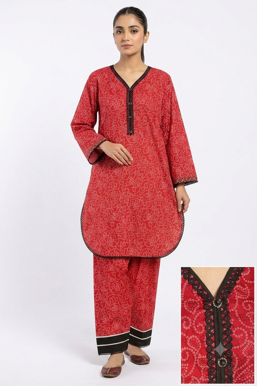 Seema Jee Red Printed 2 Piece Lawn Suit – Medium Size | Women's Casual Wear