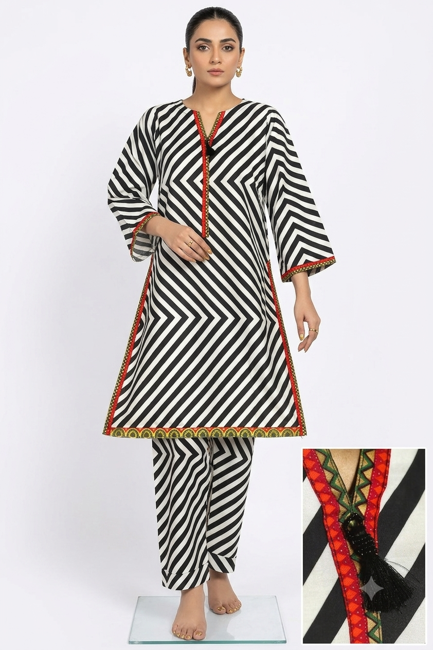 Seema Jee Black & White Striped 2 Piece Lawn Suit – Medium Size | Women's Casual Wear