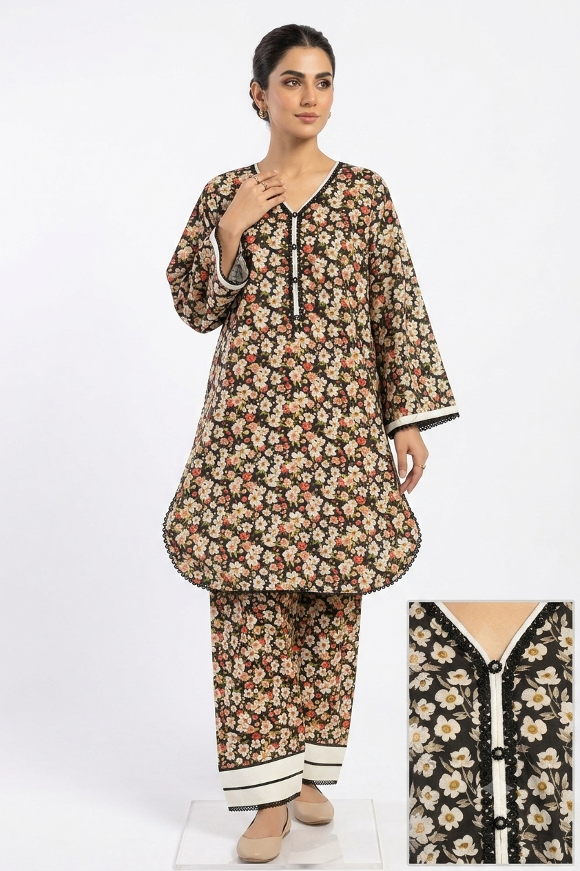 Seema Jee Black Floral Printed 2 Piece Lawn Suit – Medium Size | Women's Casual Wear