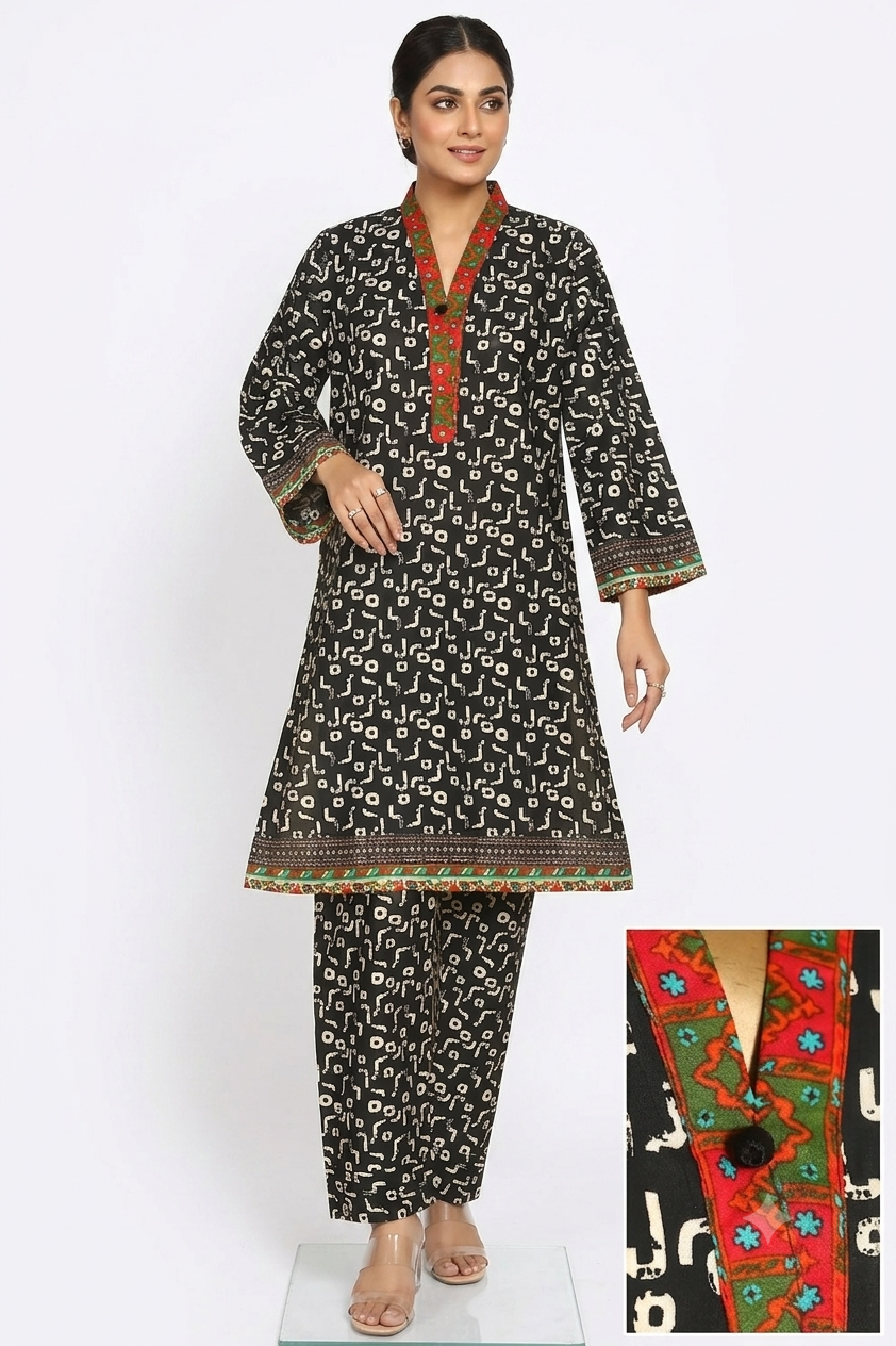 Seema Jee Black Abstract Printed 2 Piece Lawn Suit – Medium Size | Women's Casual Wear