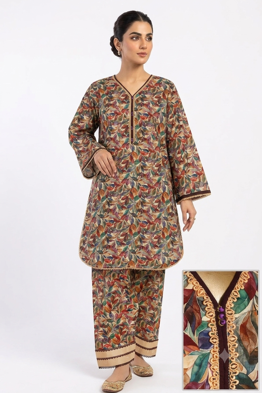 Seema Jee Multicolor Leaf Printed 2 Piece Lawn Suit – Medium Size | Women's Casual Wear