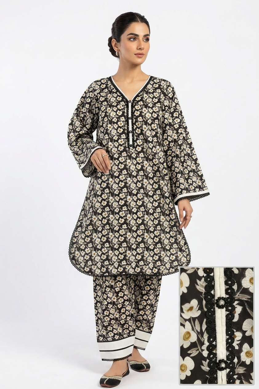 Seema Jee Black Floral Printed 2 Piece Lawn Suit for Women – Premium Casual Wear