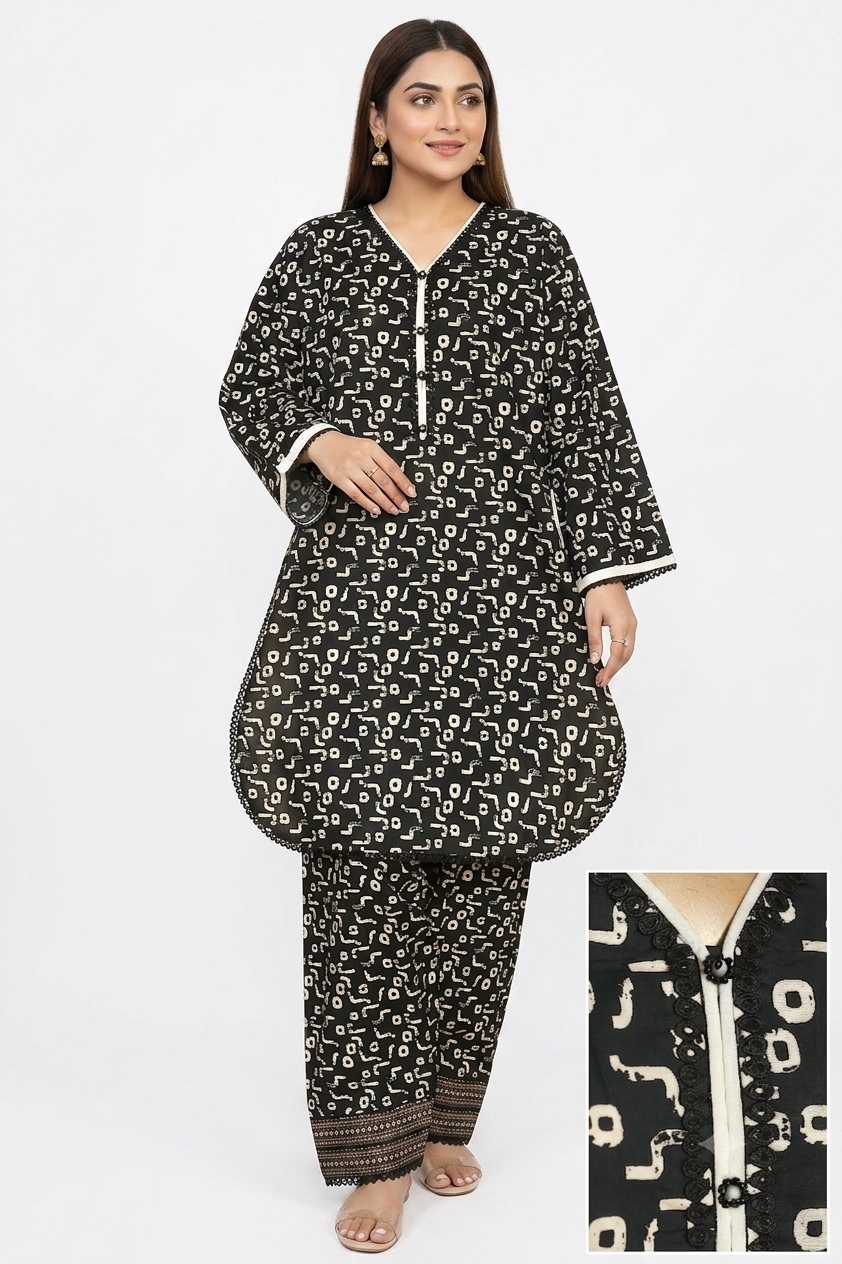 Seema Jee Black Abstract Printed 2 Piece Lawn Suit – Medium Size | Women's Casual Wear